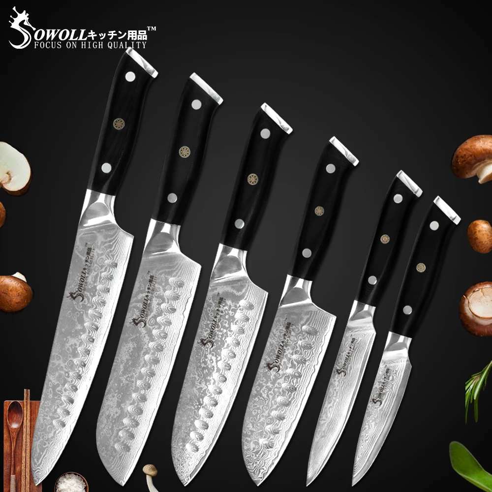 Sowoll Дамасские кухонные ножи VG10 из дамасской стали шеф повар сантоку