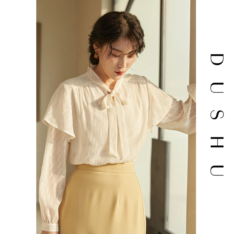 

DUSHU Plus size ruffle bandage chiffon blouse shirt Women long sleeve elegant blouse Spring office ladies vintage female top