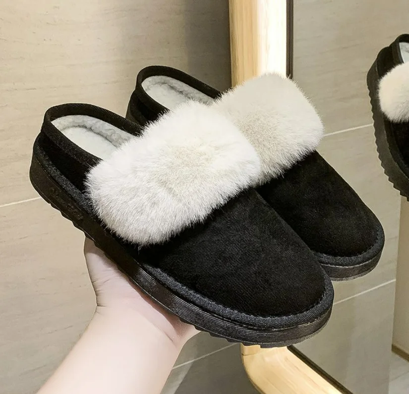 

Home Women Full Fur Slippers Winter Warm Plush Bedroom Non-Slip Shoes Indoor Ladies Furry Slippers