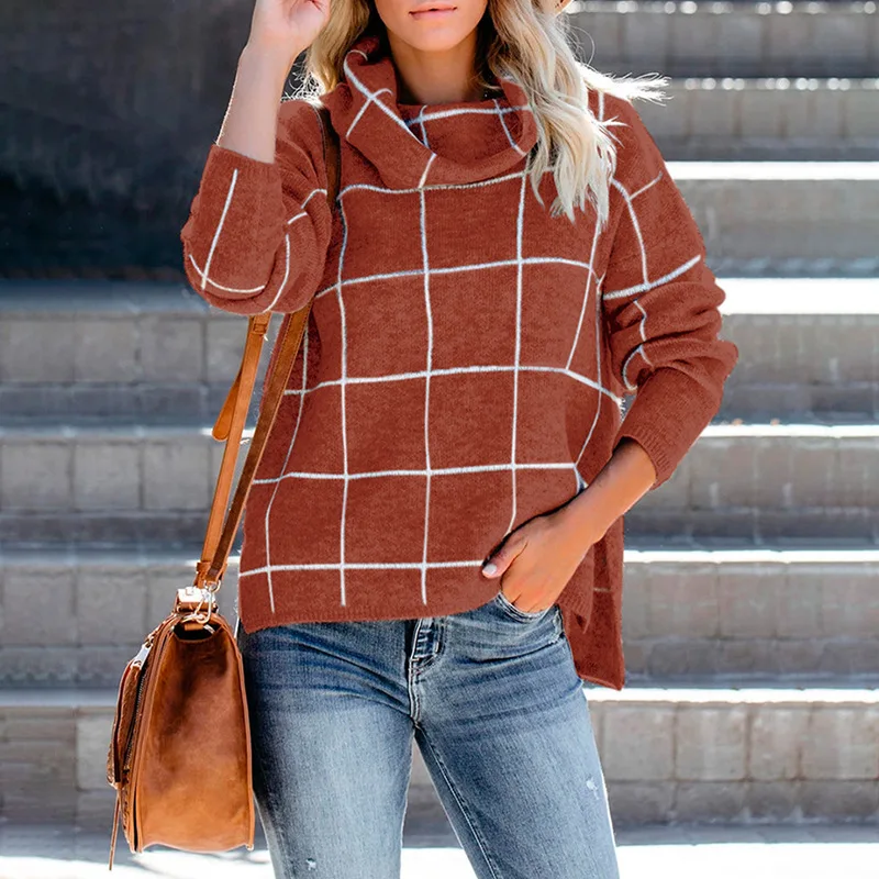 Женский пуловер свитер водолазка в клетку с длинным рукавом Свободные