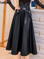 lautaro autumn high waisted black soft faux leather midi skirt women a line long skirts for women korean fashion clothing 2021