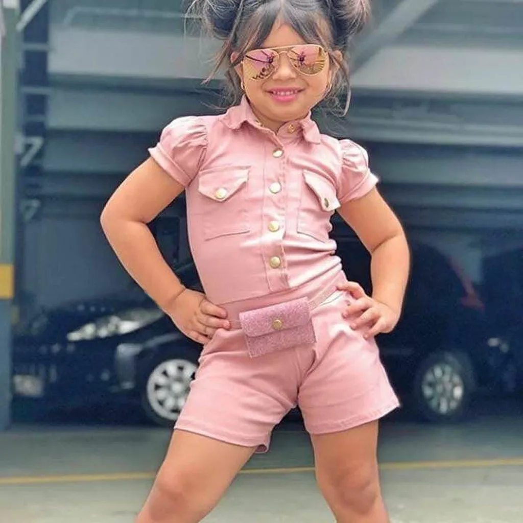 Комбинезон для маленьких девочек с коротким рукавом на пуговицах | Мать и ребенок