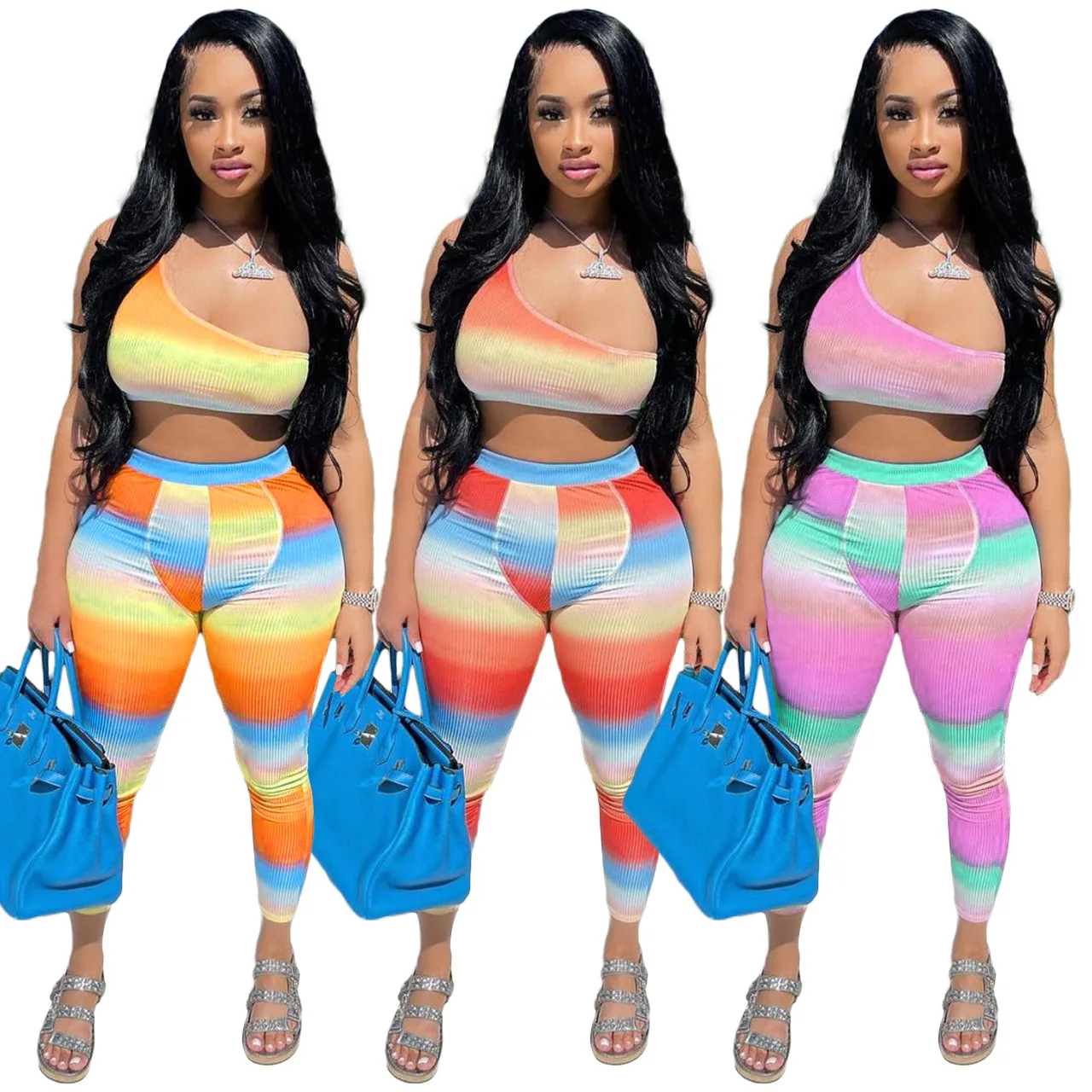 

Women Sets Spring Symmer Fashion Women's Gradient Printing Conjunto Feminino Women Crop Top Rib Sports Leisure Suit Donsignet