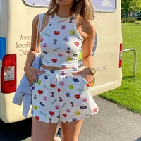 cartoon print sexy belly button womens two piece shorts casual sleeveless retro suit 2021 summer white female two piece set