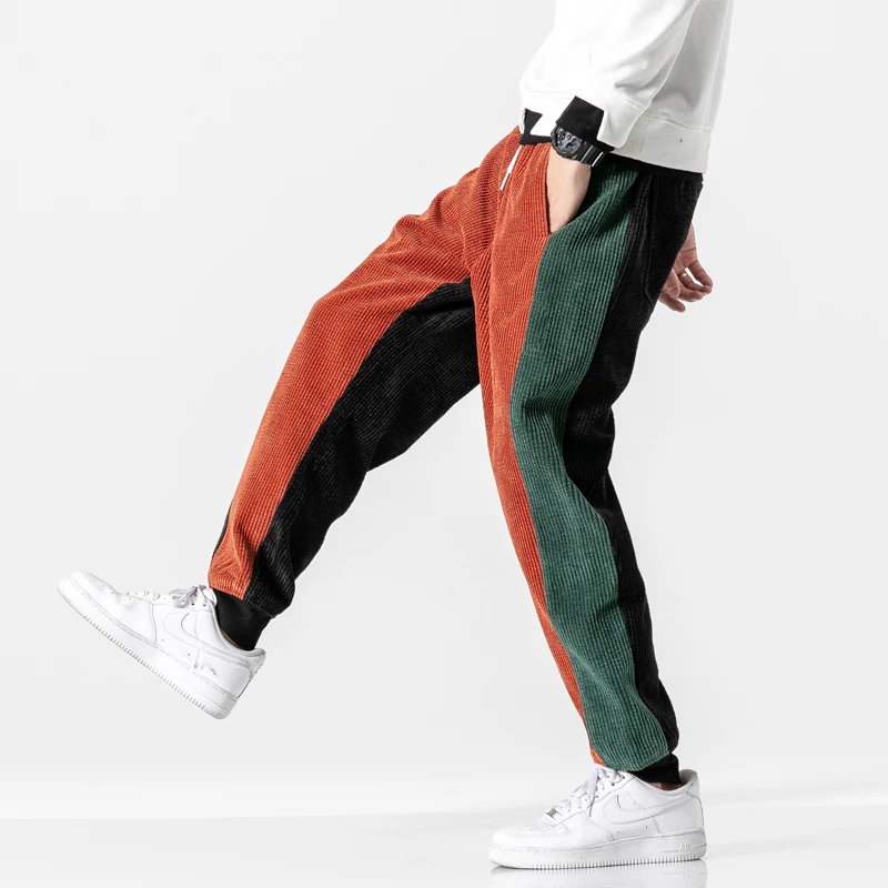 

2020 Men's Corduroy Fabric Casual Pants Loose Haren Pants Active Elastic Trousers Orange/black Joggers Sweatpants Big Size M-5XL
