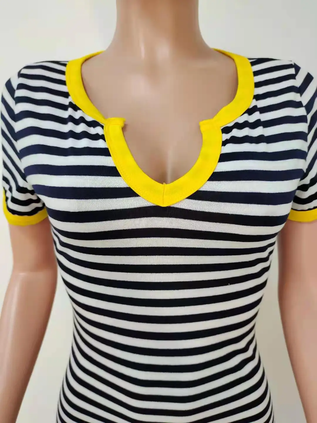 

A&BHelenss Summer Skinny Bodycon V-neck Vintage Vestidos Party Clubwear Streetwear Striped Print Short Sleeve Mini Dress