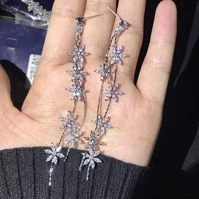 stud earring Длинные Цветочные серьги-клипсы с блестящими фианитами, прозрачные фианиты, модные ювелирные изделия, уши не прокалываются, не для женщин - Окраска металла: stud earring