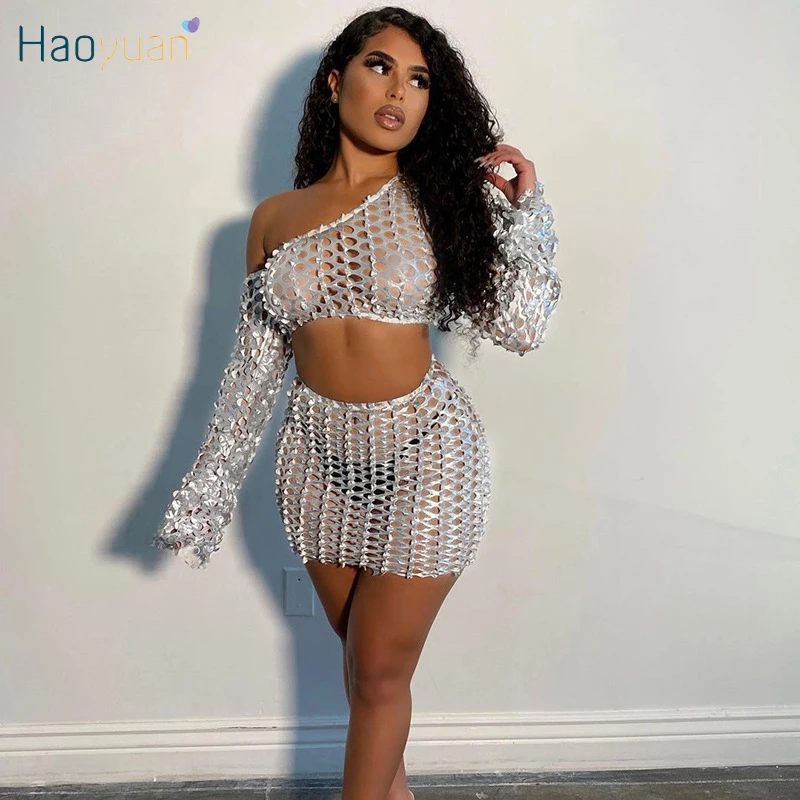 

Соблазнительный прозрачный комплект HAOYUAN из двух предметов, короткий топ на одно плечо, облегающее мини-платье, женская праздничная одежда, ...