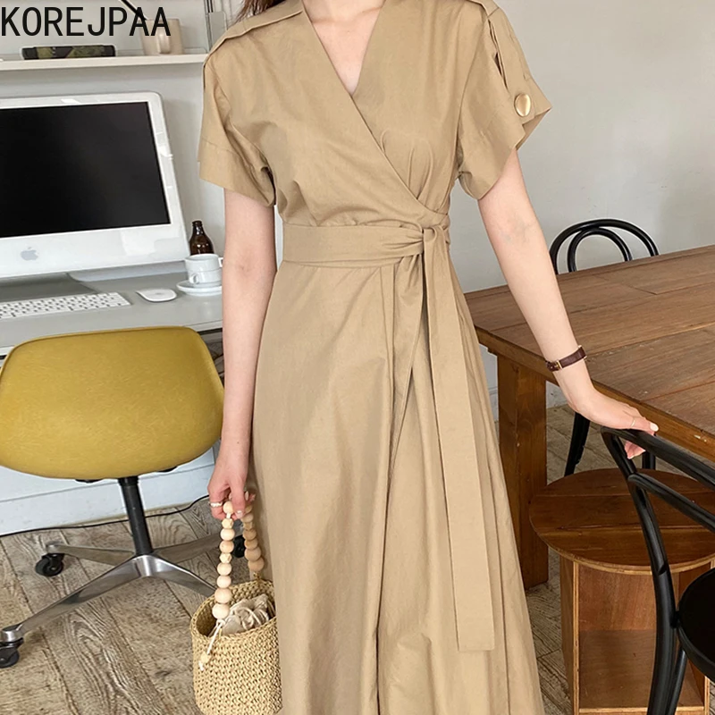 

Korejpaa Women Dress 2021 Korean Fashion Chic Elegant Commute Solid V-neck Cross Bandage Waist Fly Sleeve Long Vestidos Female