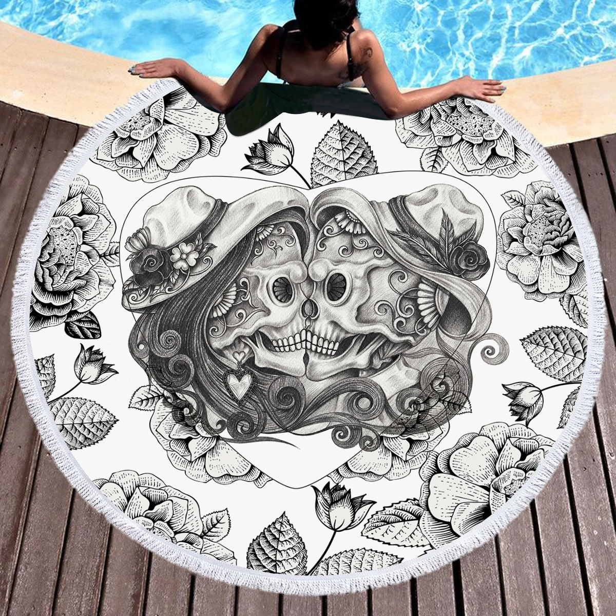 

Black And White Skeleton Beach Towels Summer Round Beach Towel Microfiber Fabric Bath Towels For Adults Home Decoration