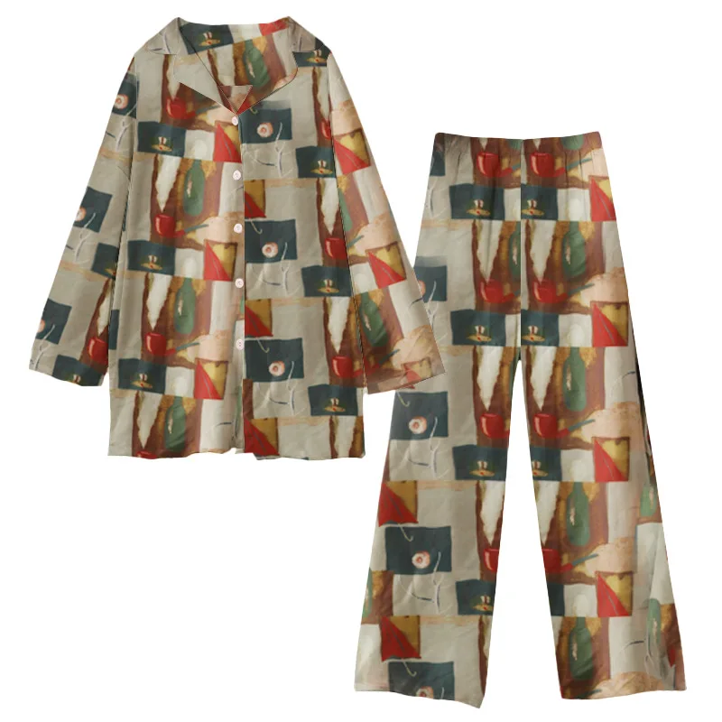 

2020 New Fashion Printed Women's Pajamas M-3XL Long Sleeve Lapel Cardigan Top Trousers 2-piece Pj Sets for Women Pijama Entero