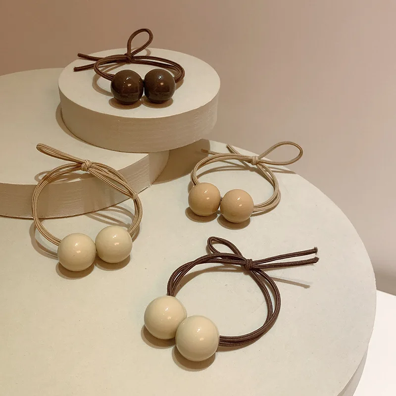 

New Fashion Double Beads Knot Elastic Hair Band Girls Sweet Matt Acrylic Flower Bow Hair Tie Rubber Band Women Simple Hair Rope