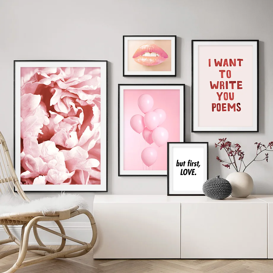 

Flower Balloon Character Pink Lips Quotes Wall Art Canvas Painting Nordic Posters And Prints Wall Pictures For Living Room Decor