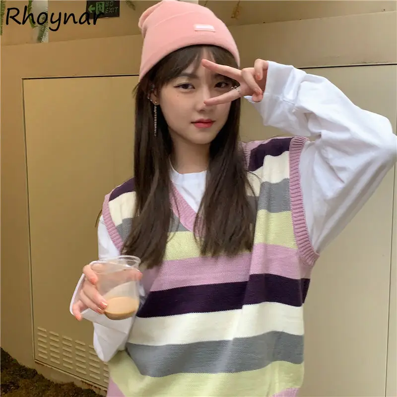 

Sweater Vest Women Japanese Style V-neck Loose All-match Leisure Girls Lovely Streetwear Holiday Design Striped Clothing New Ins