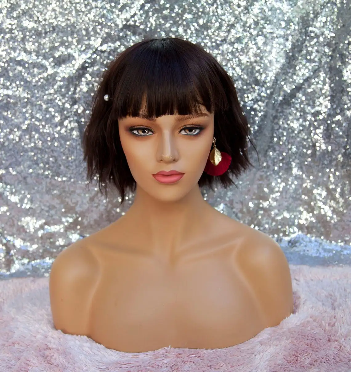 

Synthetic Short Bob Lace Front Wigs Black Hair For Women Short Straight Bob Glueless Laced Wig With Bangs Free Part