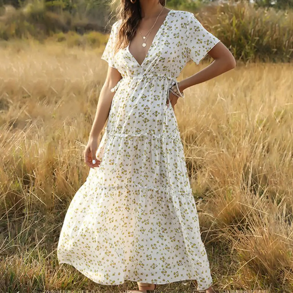 

Bohemian Women Dress Ruffle Deep V Neck Large Hem Maxi Dress A Line Women's Clothing Summer Dresses female vestidos