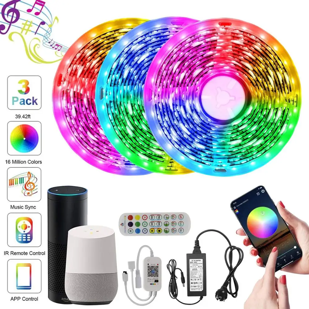 

5M 10M 15M Led strip light 12V RGB SMD 2835 Diode Tape Flexible Ribbon WiFi Contoller+Adapter plug For Home festival Party decor