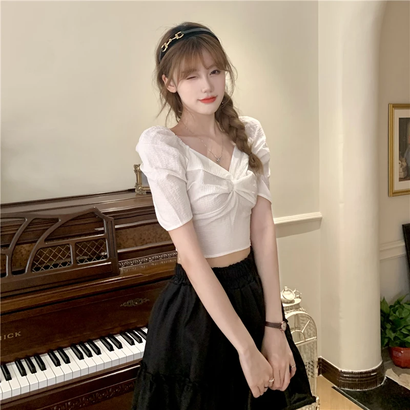 

Harajpoo Women Shirts Simple Style Solid Color Square Collar Korean Exposed Clavicle Folds Puff Sleeves Ins Thin Short Tops