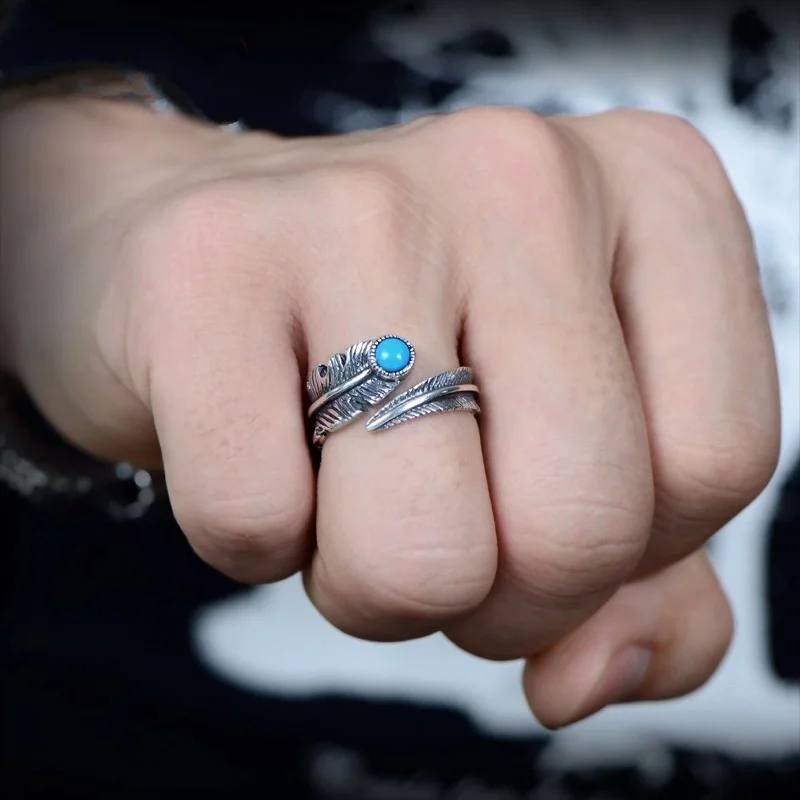 

Punk Vintage Silver Feather Leaves Open Ring Male Jewelry European Men Gothic Rock Silver Color Leaf Free Ring