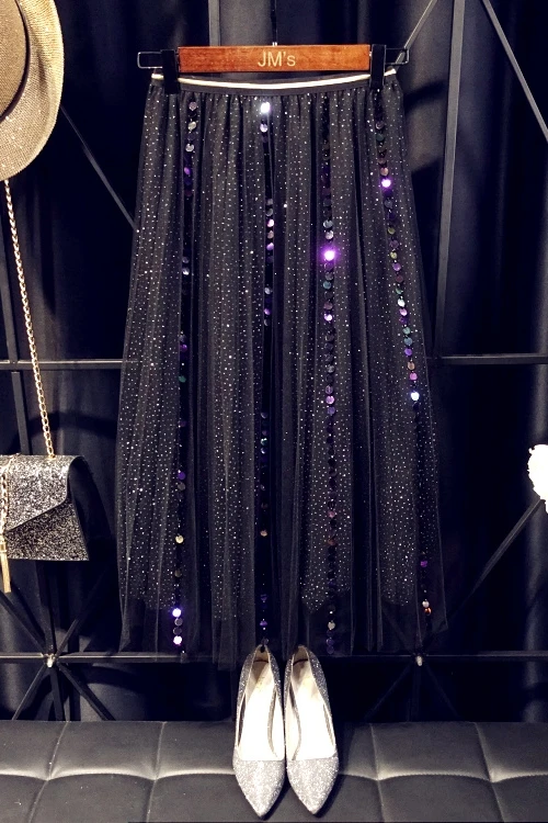 

Vacation Style Long Skirt 2021Goddess Sequined Shiny Voile Skirt for Women Natrual Waist A Line Casual Pleated Skirt