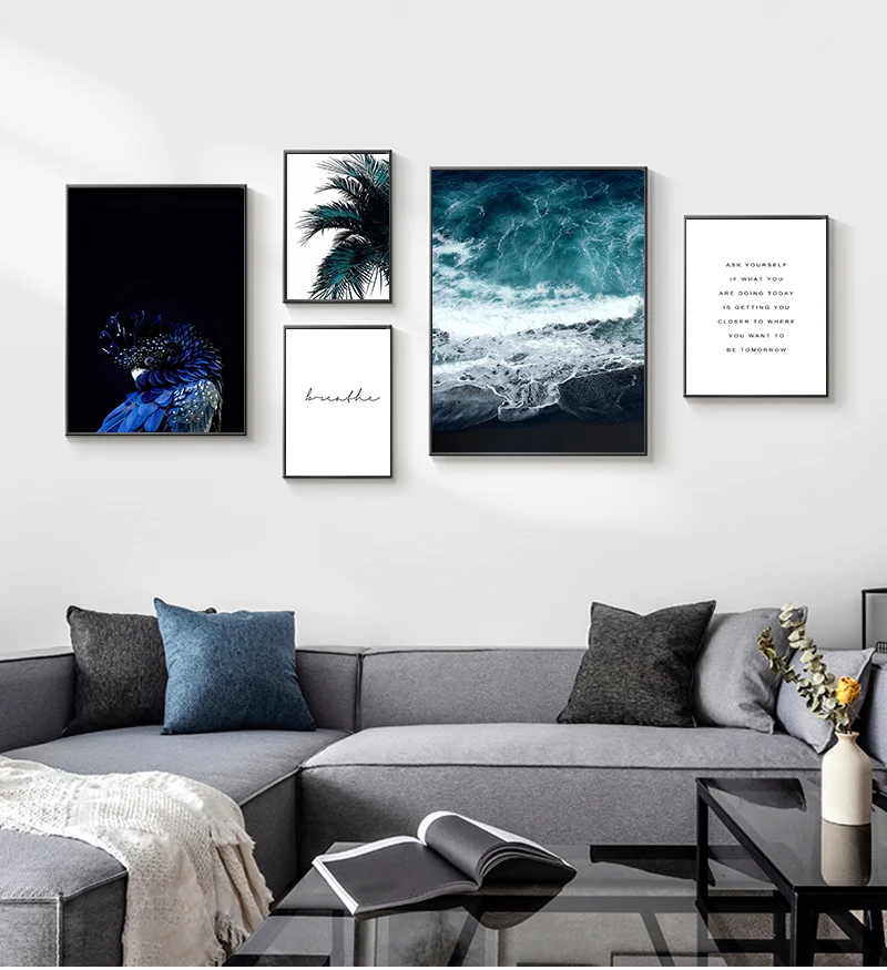 

Синяя Скандинавская картина с листьями какаду, настенный художественный плакат и печать на холсте, живопись океанического ландшафта, Совре...