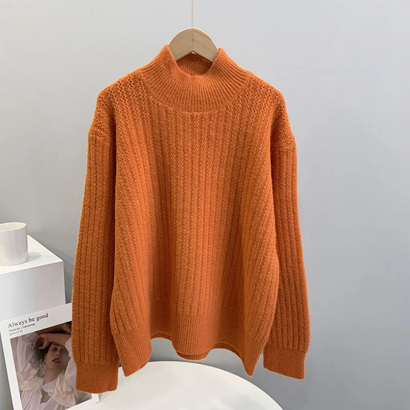 

2020 autumn and winter new sweater women's high neck pullover simple solid color loose lazy orange sweater