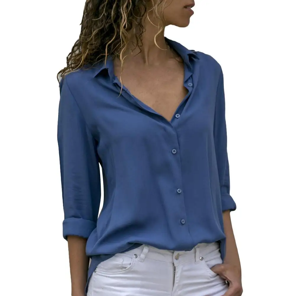 

Office Lady Shirt Autumn Deep V Neck Turn Down Collar Chiffon Loose Buttons Down Shirt Black M-5XL 2021