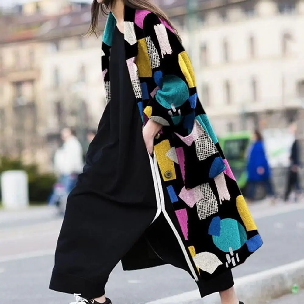 Женское осенне зимнее пальто с цветными блоками уличная одежда свободного кроя