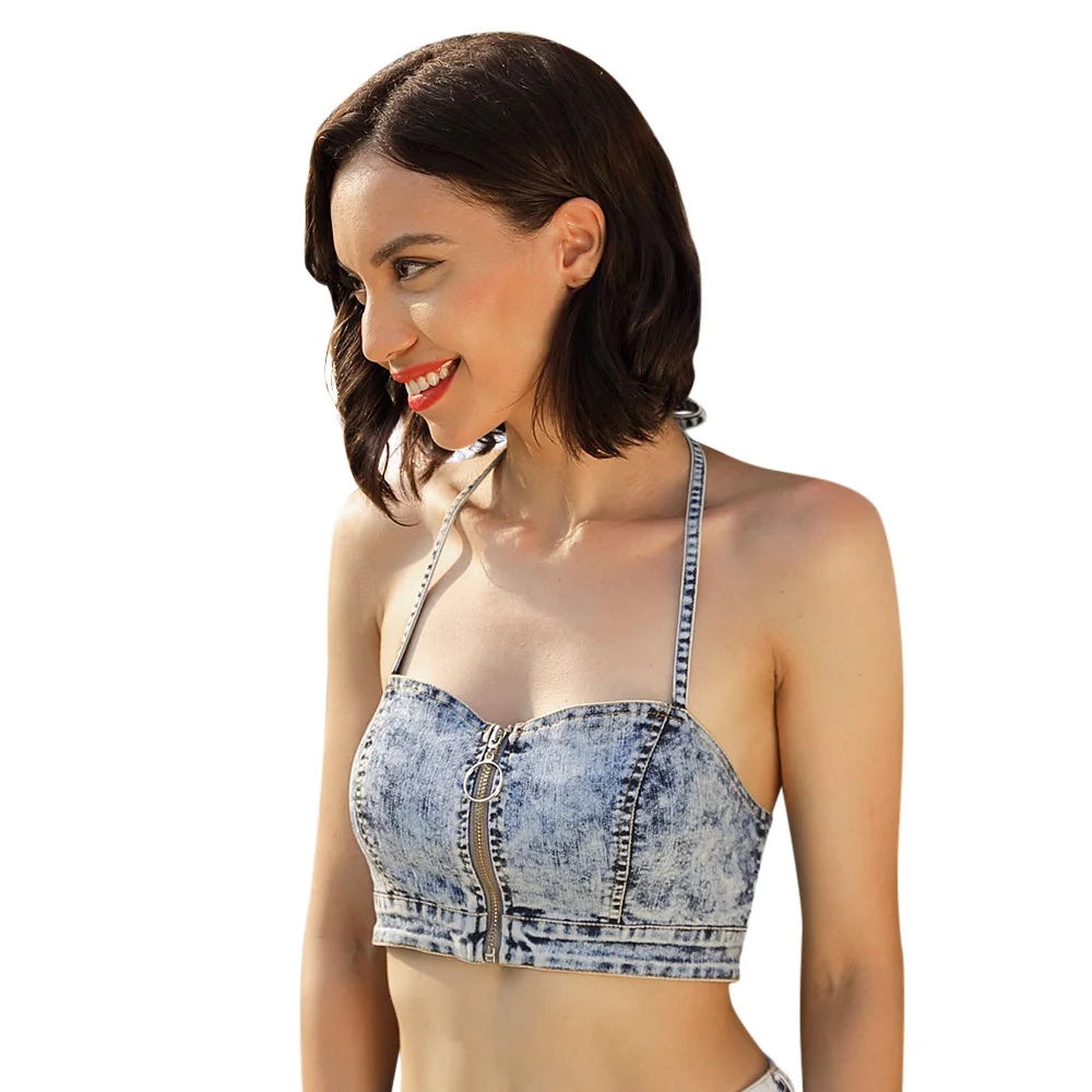 Женский Джинсовый укороченный топ голубой на молнии без рукавов и с открытой