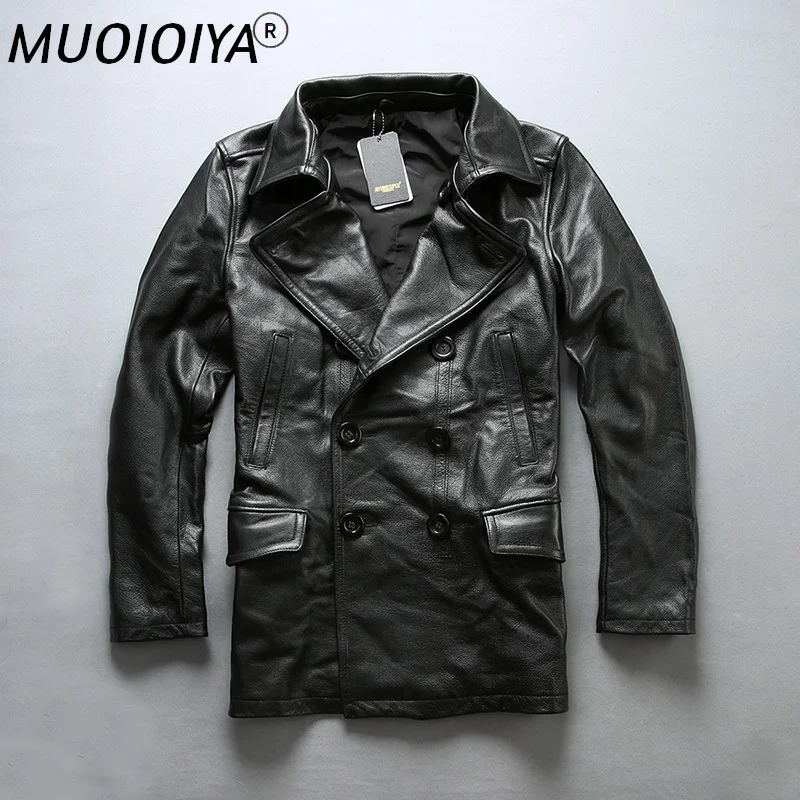 

AVIREXFLY 2019 Новинка мужская повседневная куртка из натуральной коровьей кожи Leatehr черная двубортная длинная стильная зимняя куртка