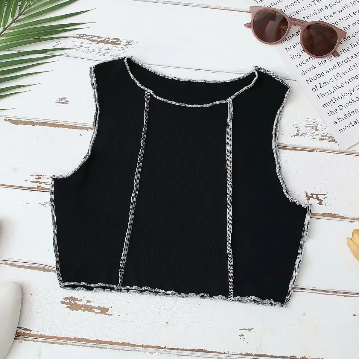 Sexy Sleeveless Patchwork Crop Tops Women 2021 Fashion Casual Knit Shirt Summer Black Tank Top Basic Slim Open Navel Crop