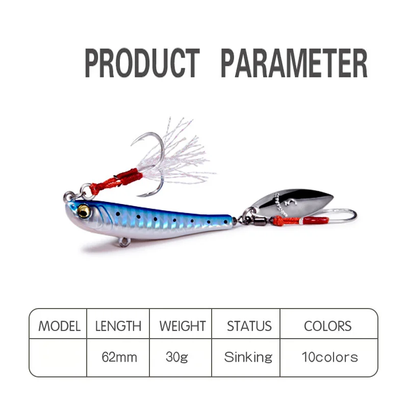1PCS Metal Spoon Vib Fishing Lure Sequins Spinnerbait 62mm 30g Sinking Vibration Lure with Rotating Spinners 10 Colors