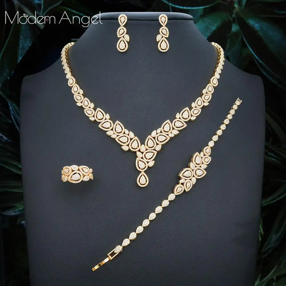 

ModemAngel Luxury Geometry Flower 4pcs African Cubic Zircon CZ Nigerian Jewelry sets For Women Wedding Dubai Gold Bridal Jewelry