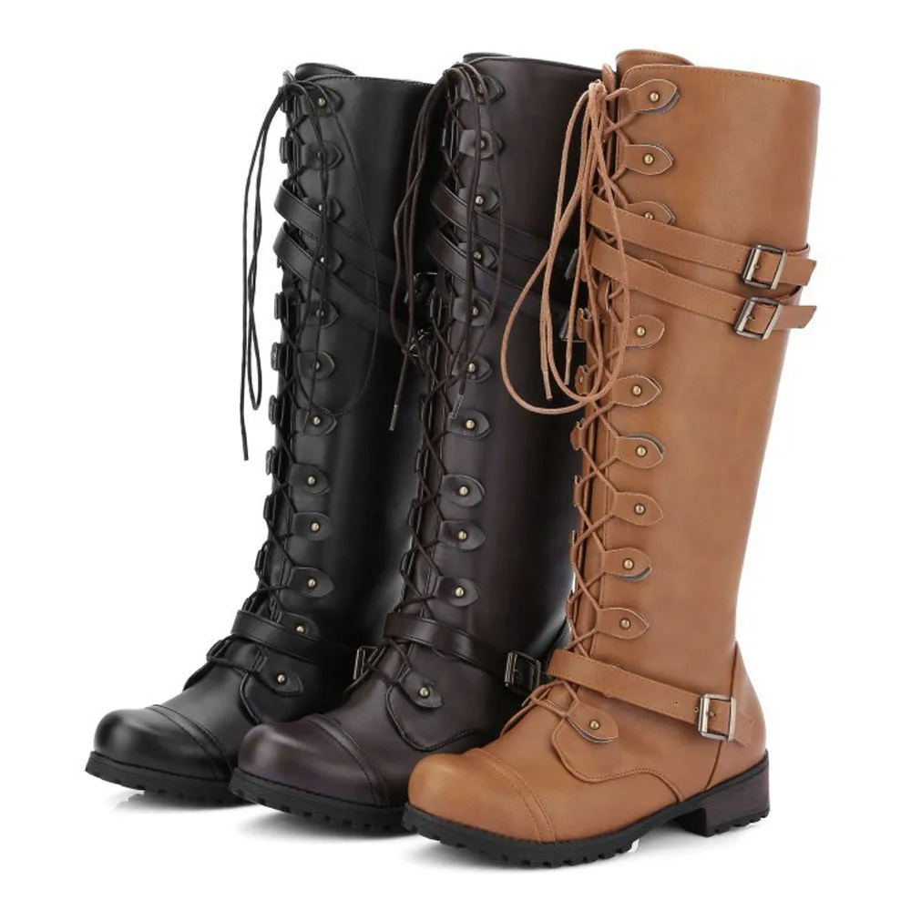 

Ladies Knee High Boots Square Platform Boots Woman Punk Gothic Shoes Studs Lace Up Comfortable Large Size 35-43