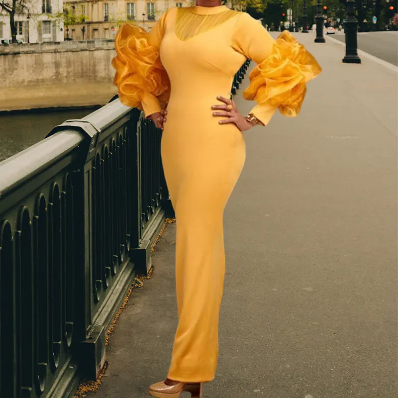 

Женское вечернее платье с длинными рукавами-фонариками, элегантное облегающее платье до колен с оборками и высокой талией для выпускного в...