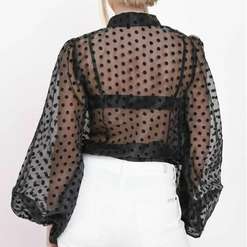 Фото New Fashion Women White Black Polka Dot Sheer Mesh Blouse Tops Shirt Ladies Puff Long Sleeve SeeThrough Loose Shirts Женская одежда New Fashion Women White Black Polka Dot Sheer Mesh Blouse Tops Shirt Ladies Puff Long Sleeve SeeThrough Loose Shirts Женская одежда