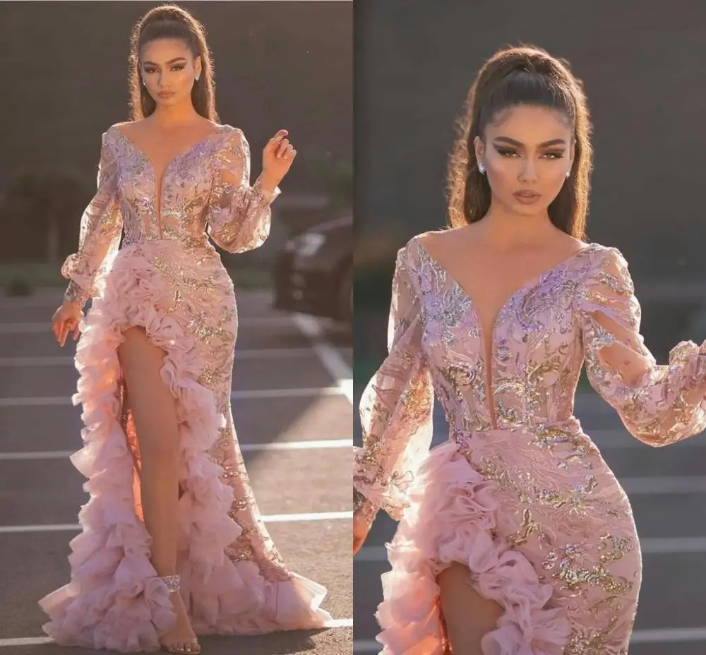 Женское платье с юбкой годе Aso Ebi розовое кружевное длинными рукавами разрезом