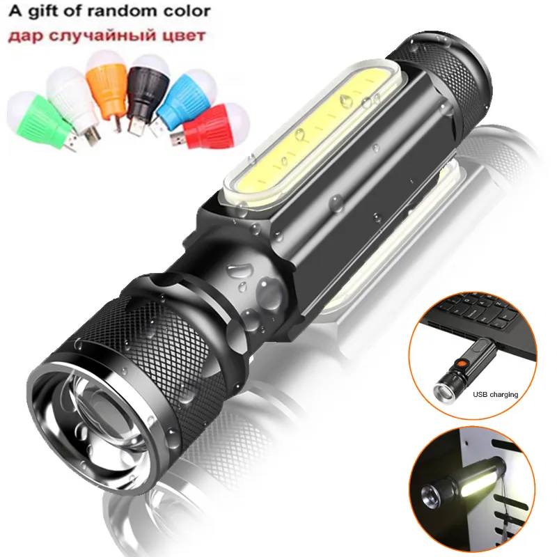 

Built-in Battery LED Flashlight USB Rechargeable T6 COB Torch Zoom 5 Modes Flash Light Magnetic Attraction Waterproof Outdoor