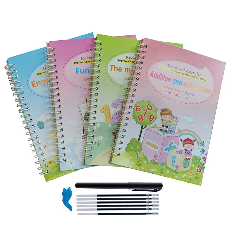 

New Magic Writing 4 Books + Pen Reusable 3D Magic Exercise Book Children Reusable English Numbers Letters Montessori Toys