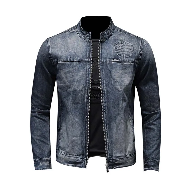 

New Men Fashion Casual Biker Denim Jackets Embroidery Stand Collar Motorcycle Outwear Tops For Male Spring Autumn