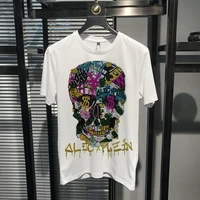super fashionable and exaggerated mens t shirt with shiny skull heavy craftsmanship pure cotton short sleeved hot diamond t