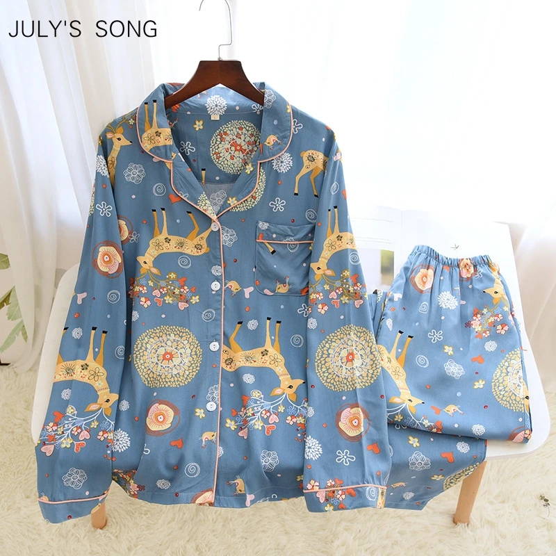 

JULY'S SONG 100% Viscose Pajama Set Women Pajamas Casual Long Sleeve Sleepwear Printed Spring Summer Pyjama Female Homewear
