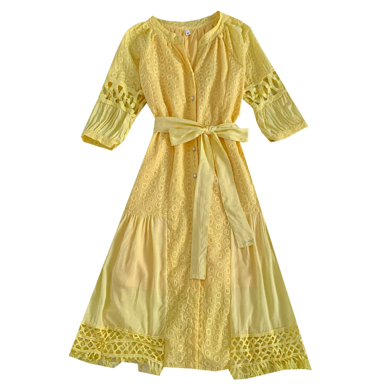 Летнее платье с длинными рукавами V-образным вырезом, вышивкой с открытыми участками, крючком и цветочным поясом на талии - "Платье летнего темперамента 2021".