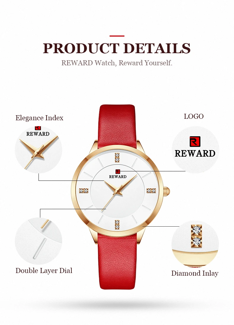 

REWARD Fashion New Women Watches Sunray Dial Genuine Leather Strap Quartz Japanese Movement Waterproof Wristwatch Girl Clock