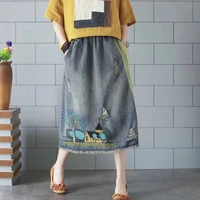 2020 spring summer new fashion women cotton denim cartoon embroidery skirt elastic waist all matched casual long skirt s645