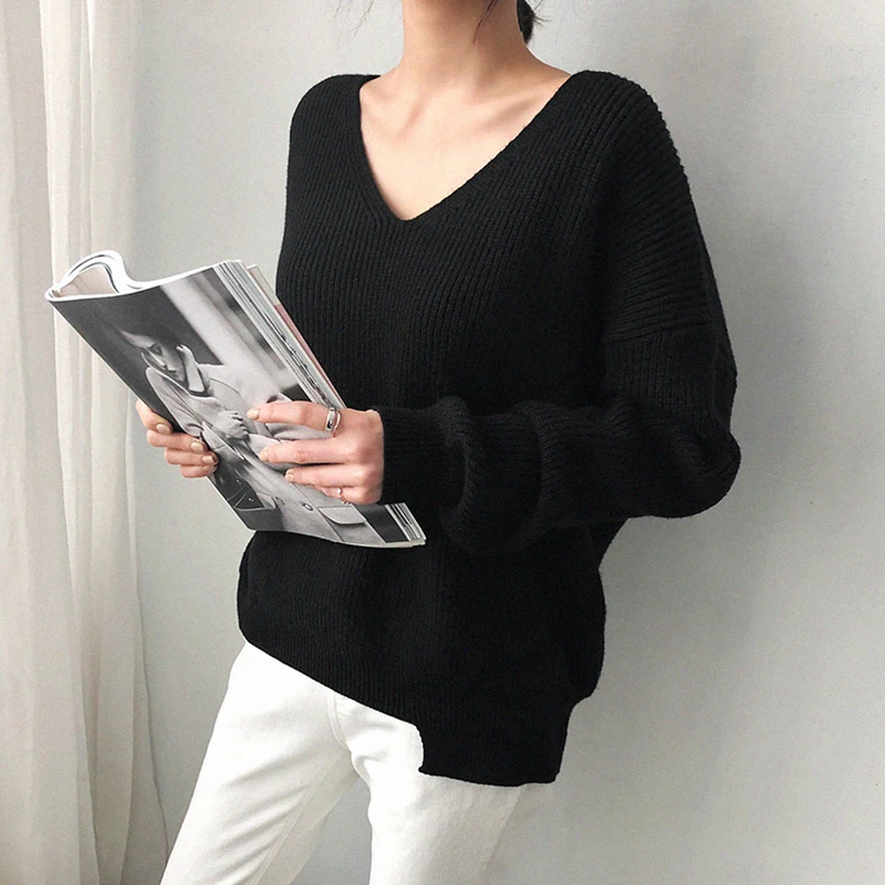 2020 Spring Women Blue V-neck Pullover Sweater Lazy oaf Loose Solid Color Casual Oversize White Black Pullovers | Женская одежда