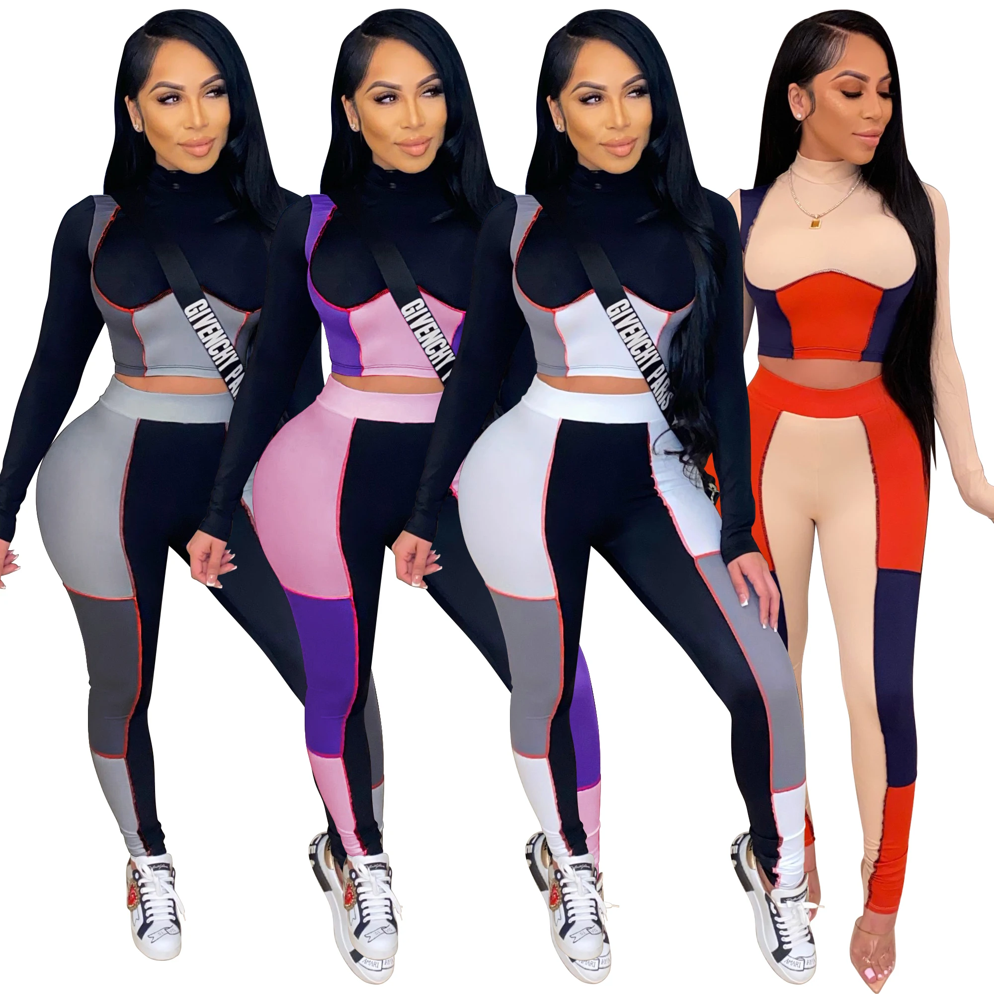 

Color Block Patchwork Tracksuit Women Jogger New Design Casual Fitness Long Sleeve Crop Top + Pants Club Two Piece Set