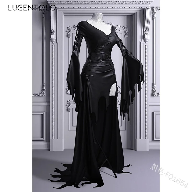 

Lugentolo Vintage Women Palace Dress Sexy Irregular V-neck Bat Long Sleeve High Waist Slim-Fit Dress Lady Solid big Wing Dress