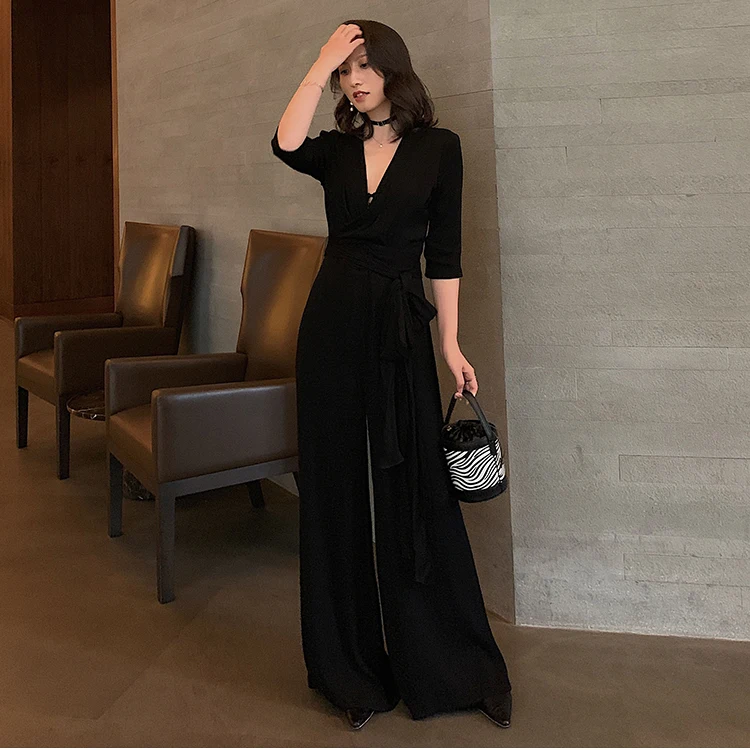 Женский комбинезон для работы и офиса модные сексуальные широкие штаны с поясом