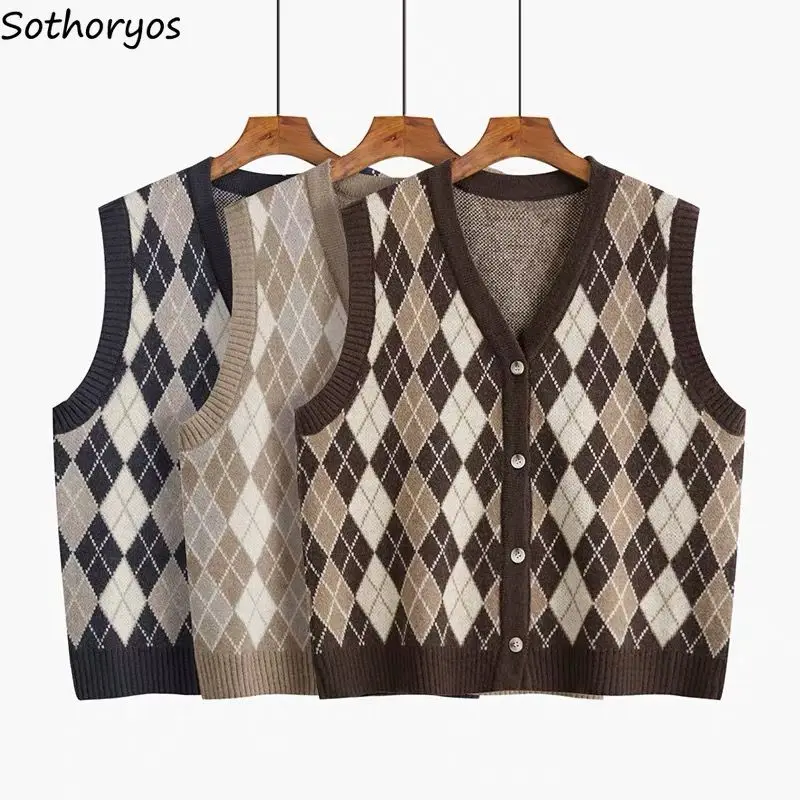 

Женский свитер с узором ромбиками, жилет в стиле ретро с V-образным вырезом, однобортная верхняя одежда на молнии в Корейском стиле, Модная с...
